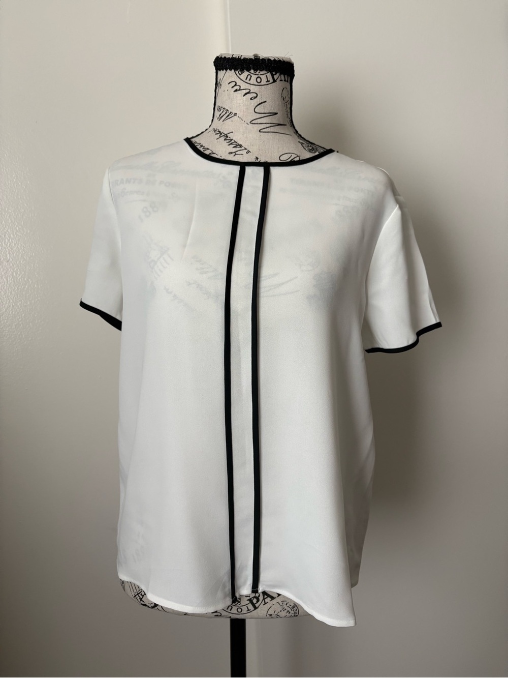 Forever 21 White Short-Sleeve Blouse with Black Piping